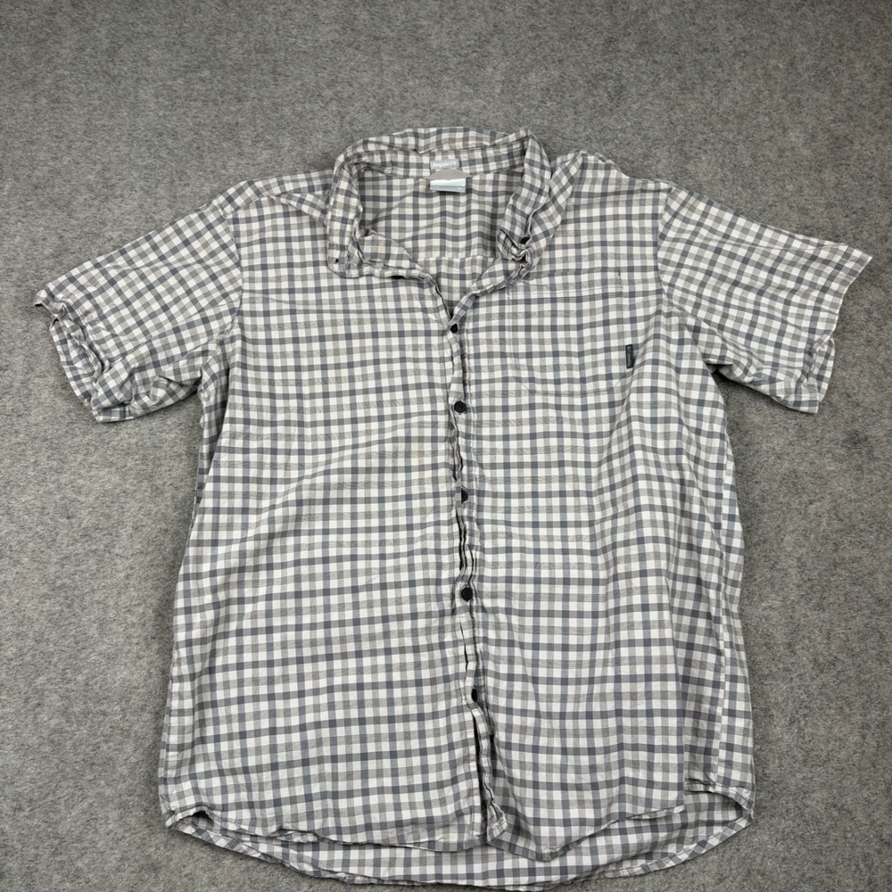 Columbia Button Down Shirt Mens XL Grey White Gingham Plaid Short Sleeve Hiking